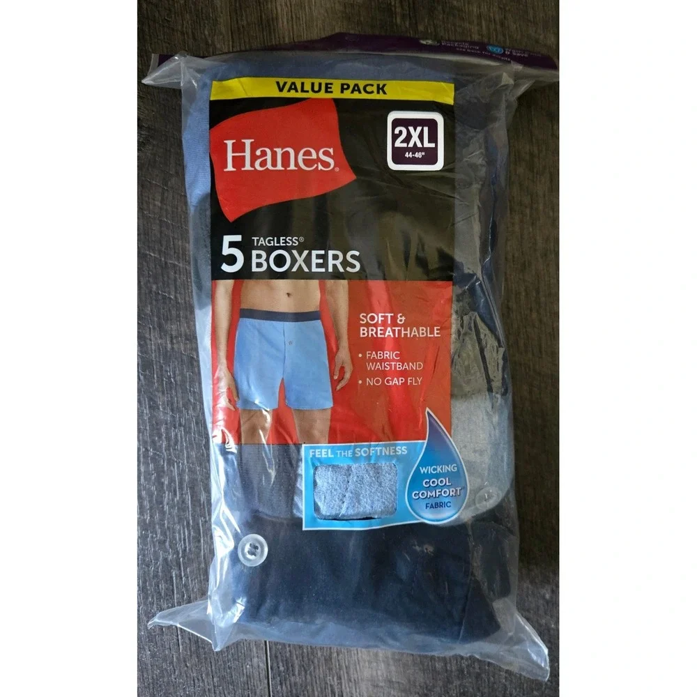 Hanes Mens Tagless Knit Boxers 5 Pack 2XL Blue Grey Black MKCBX5 New